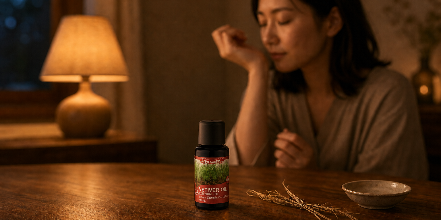香氣收心儀式：桌上放著澳維花園岩蘭草精油 16ml 與乾燥岩蘭草根，暖燈下女性輕嗅手腕上的香氣，替一天畫下安定的句點