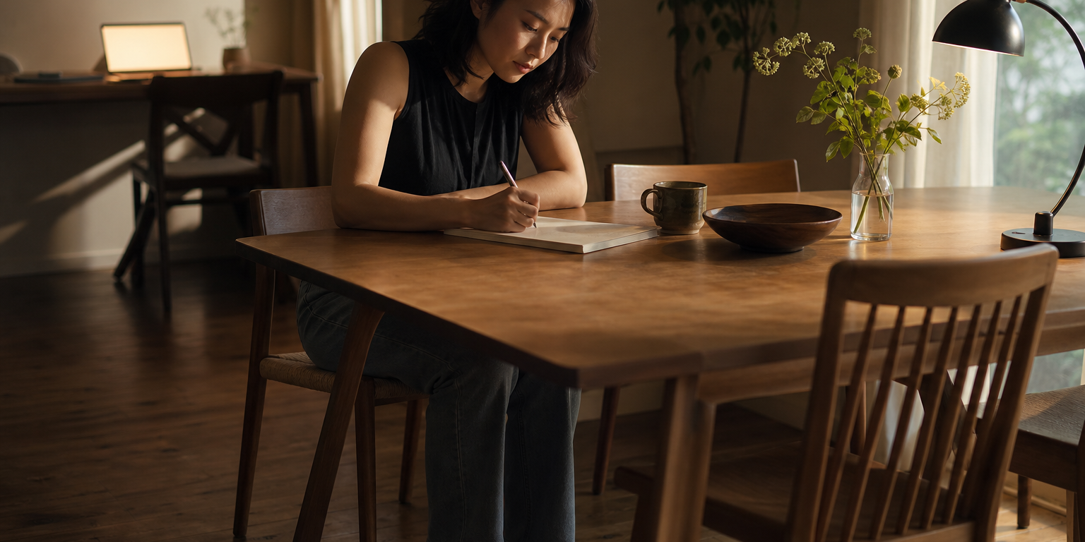 同一位深色及肩髮、約30歲的東亞女性暫時離開遠處仍亮著抽象色塊的筆電，坐到餐桌一端，雙腳踩穩地面、肩膀稍微放下，低頭在素面紙本上寫下眼前唯一能做的小動作；紙張以斜角入鏡，所有筆跡都被握筆的手完整遮住，畫面看不到任何文字或符號。午後夏日日光與一盞實用桌燈柔和照亮她仍帶疲憊、但已重新聚焦的神情，室內安靜簡潔，沒有任何文字、字母、數字、標誌或浮水印。