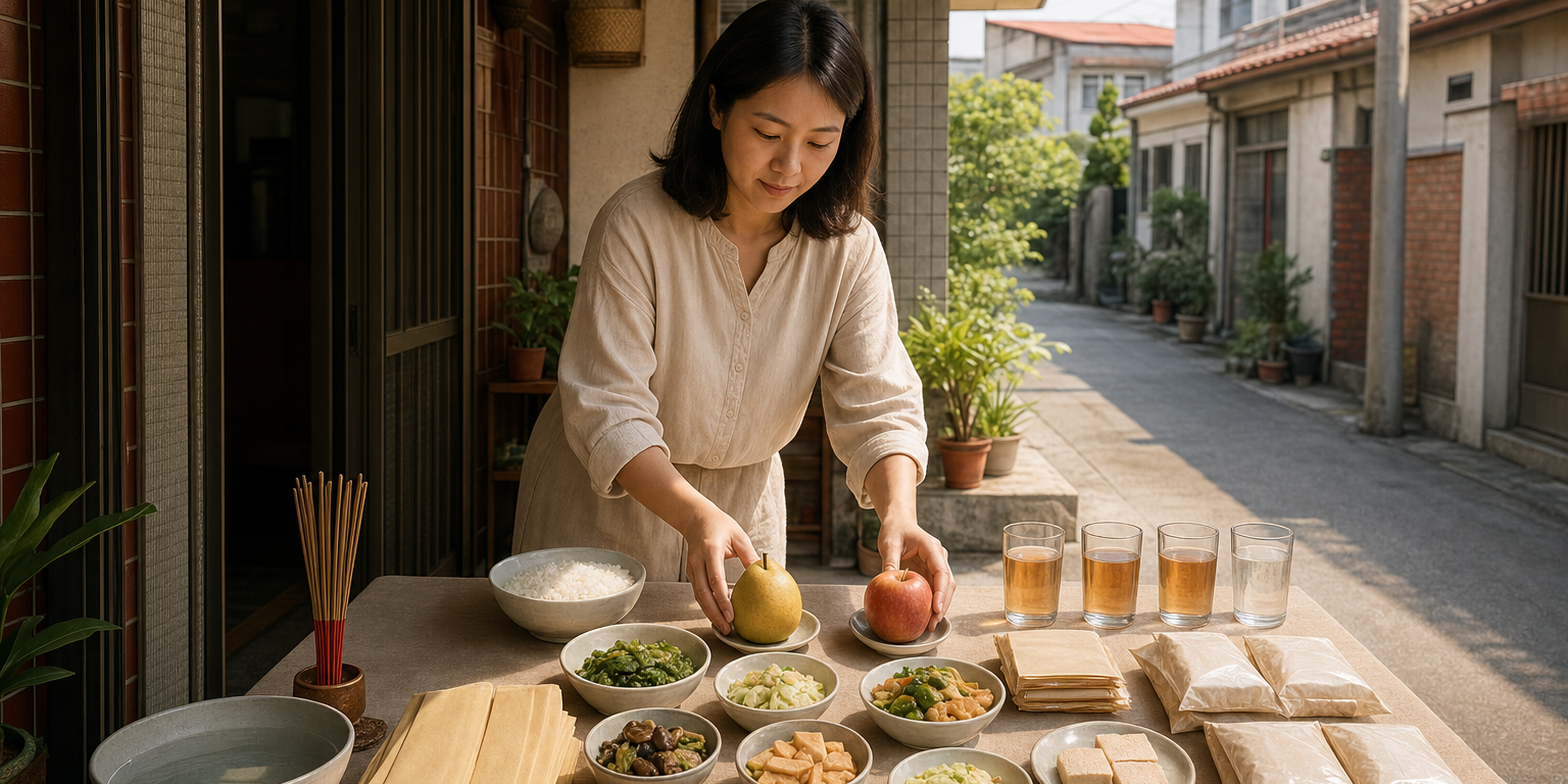 中元普渡供桌準備：門口朝外擺放的供桌上有飯菜、當季水果、成箱餅乾飲料與一盆清水新毛巾，香插在供品上，午後明亮光線