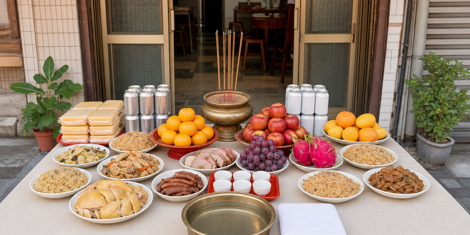 台灣店面門口朝街擺設的完整普渡供桌：飯菜、蘋果柑橘芒果、成疊餅乾與罐裝飲料，一旁是裝著清水的臉盆與摺好的新毛巾，供品上插著香，午後光線明亮豐盛